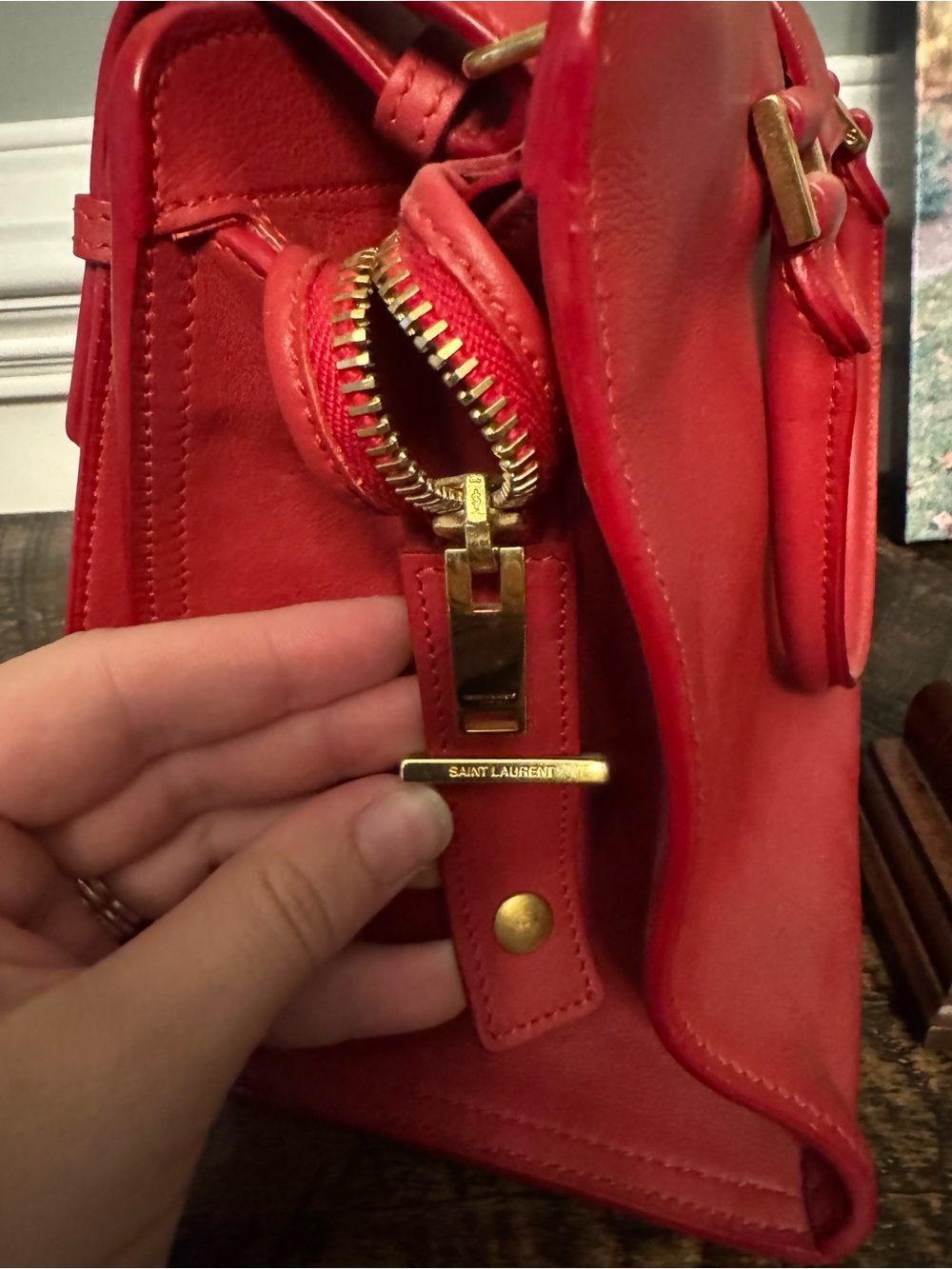 Saint Laurent Red Leather Top-Handle Satchel with Gold YSL Logo - Picture 6 of 9